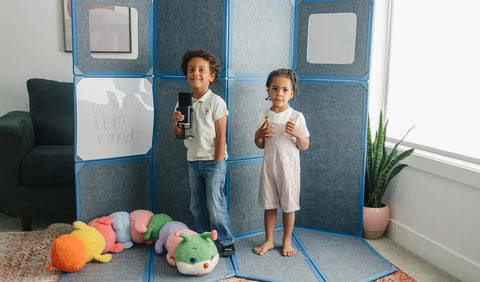 Kids using The Squares Add-On Pack by Superspace, featuring whiteboard and blackboard attachments that enhance creative play and educational activities with Superspace add-ons.