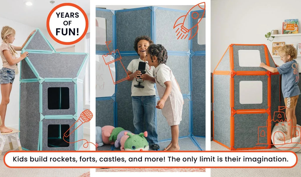 Kids engaged in creative play with The Squares Add-On Pack by Superspace, emphasizing the limitless imaginative possibilities with Superspace modular panels.