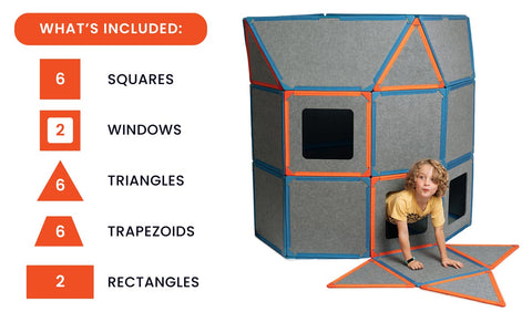 Superspace The Big Set (22 Panels) What shapes are included in this playset? Six squares, two windows, six triangles, six trapezoids, and two rectangles. We also have Superspace Add-On packs available to go bigger!