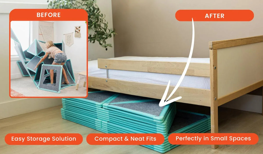 Before and after image demonstrating the easy storage solution for the Superspace Rectangles Add-On Pack, highlighting its compact and neat fit, perfect for small spaces.