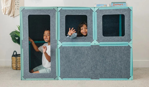 Children playing creatively with the Superspace Rectangles Add-On Pack, showcasing its versatile use in building imaginative structures.