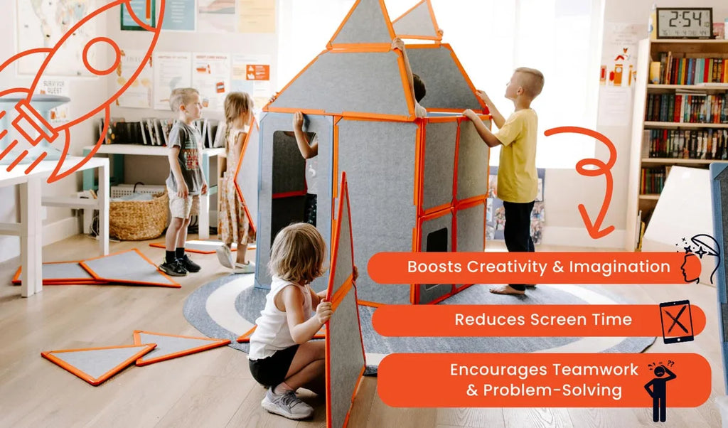 Children engaging in creative play with the Superspace Rectangles Add-On Pack, emphasizing benefits such as boosting creativity and imagination, reducing screen time, and encouraging teamwork and problem-solving.