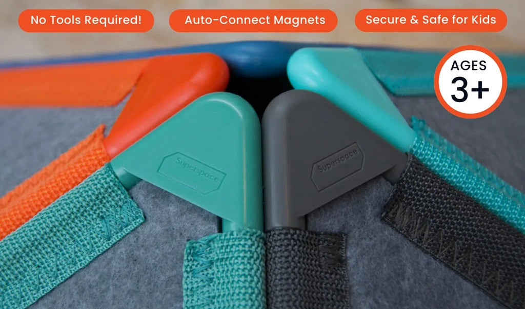 Close-up of the auto-connect magnets and durable straps on the Superspace Rectangles Add-On Pack, highlighting features like no tools required, secure and safe for kids, and suitable for ages 3+.