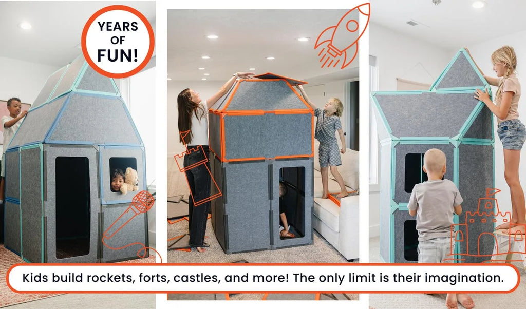 Kids building rockets, forts, castles, and more with the versatile Superspace Rectangles Add-On Pack