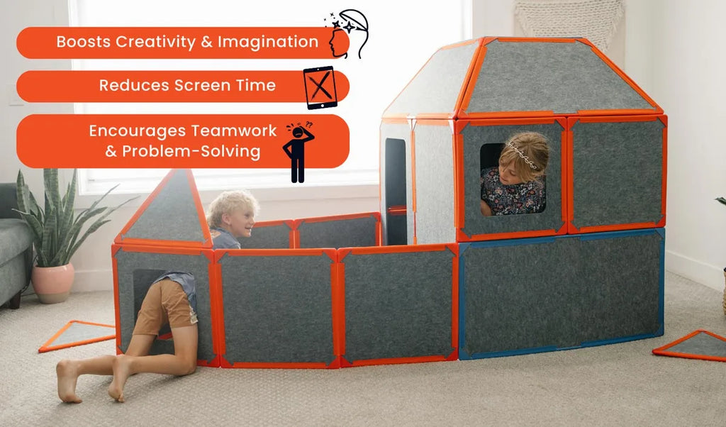 Two children playing with Superspace modular panels, showcasing the product benefits of boosting creativity and imagination, reducing screen time, and encouraging teamwork and problem-solving.
